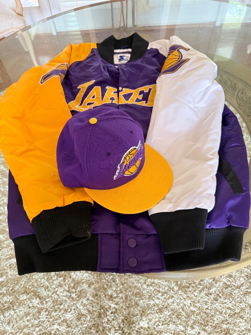 Starter NBA Los Angeles Lakers Bomber Varsity Jacket Matching Cap Mens L NWOT